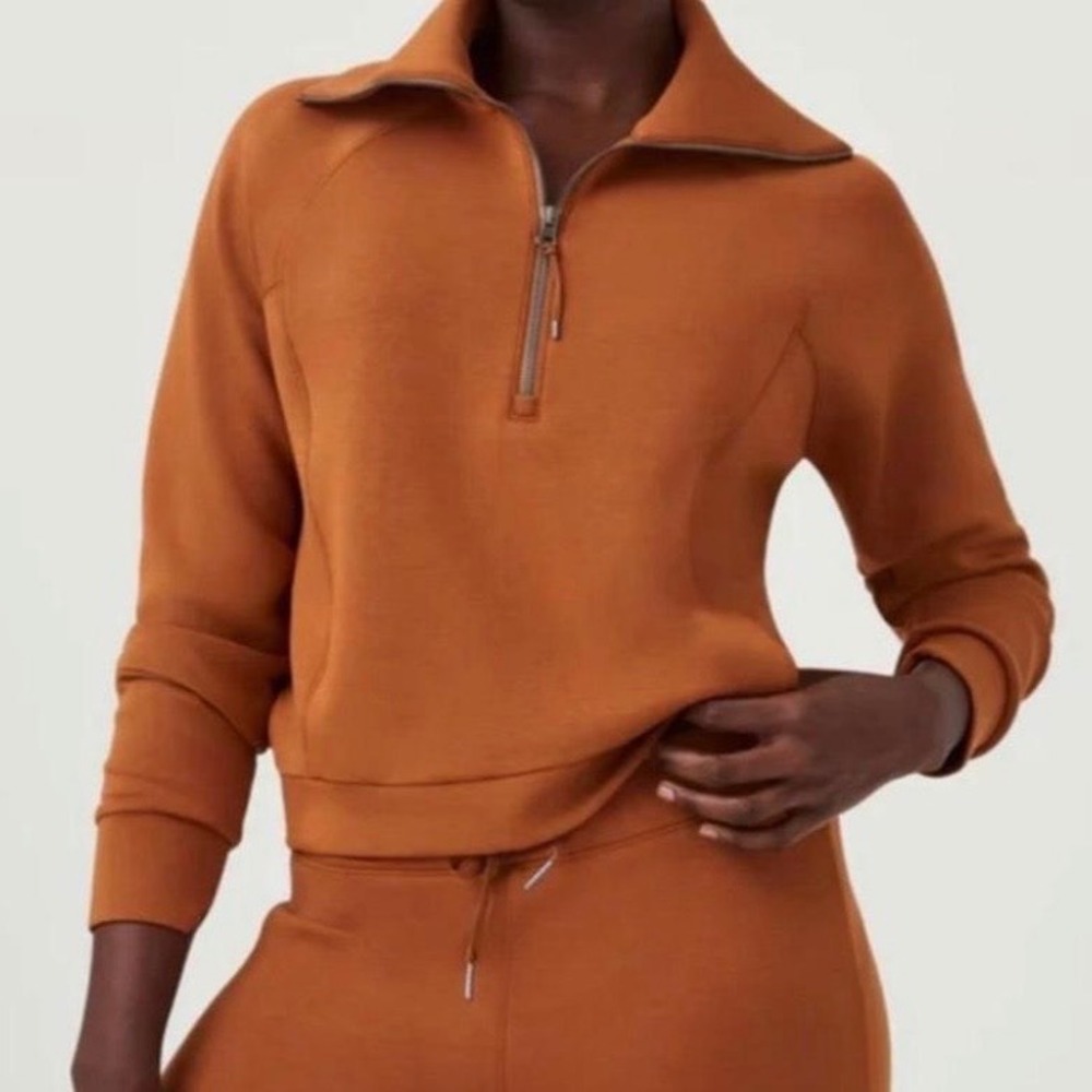 Spanx AirEssentials Half Zip Pullover Sweatshirt Butterscotch Tan Brown Large